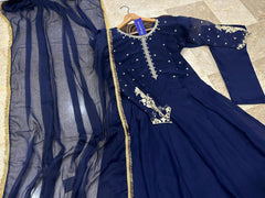 Kaya Work Embroidered Long Maxi Dress – 3PC Chiffon Suit with Lace Dupatta Rs.3000