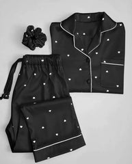 Heart Print Silk Night Suit 3PC Set with Scrunchie – Ladies Premium Sleepwear Rs.2000