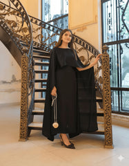 Two Tone Cape Shawl Maxi 2PC Dress | Shamose Silk Long Body Fit Maxi with Dori | Elegant Party Wear – PKR 1800