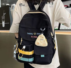Stylish Black Backpack with Coin Purse – Casual Travel & School Bag with Blue & Yellow Stripes | 2300 PKR