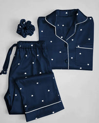 Heart Print Silk Night Suit 3PC Set with Scrunchie – Ladies Premium Sleepwear Rs.2000