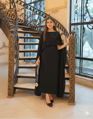 Two Tone Cape Shawl Maxi 2PC Dress | Shamose Silk Long Body Fit Maxi with Dori | Elegant Party Wear – PKR 1800
