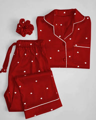 Heart Print Silk Night Suit 3PC Set with Scrunchie – Ladies Premium Sleepwear Rs.2000