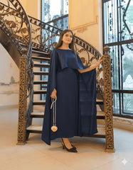 Two Tone Cape Shawl Maxi 2PC Dress | Shamose Silk Long Body Fit Maxi with Dori | Elegant Party Wear – PKR 1800
