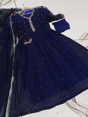 Kaya Work Embroidered Long Maxi Chiffon Dress – Lace Dupatta 3PC Suit Rs.3100