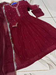 Kaya Work Embroidered Long Maxi Chiffon Dress – Lace Dupatta 3PC Suit Rs.3100