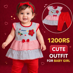Baby Girl Summer Outfit Set – Cute Striped Dress with Red Leggings (0–12 Months) | Soft Cotton Kids Clothing Pakistan