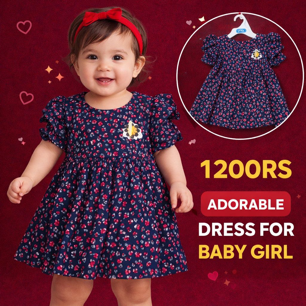 Baby Girl Floral Dress – Cute Navy Blue Cherry Print Frock (0–12 Months) | Soft Cotton Kids Dress Pakistan