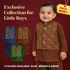Baby Boys Kurta Shalwar with Waistcoat – Traditional Ethnic Wear (Blue, Brown, Green)