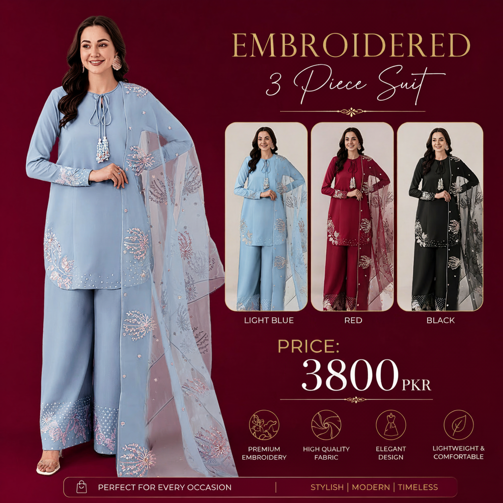 3 Piece Embroidered Suit – Raw Silk with Organza Dupatta | New Trending Colors