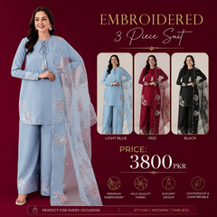 3 Piece Embroidered Suit – Raw Silk with Organza Dupatta | New Trending Colors