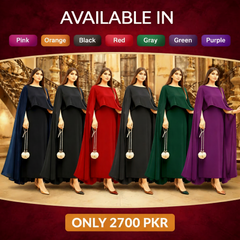 Two Tone Cape Shawl Maxi 2PC Dress | Shamose Silk Long Body Fit Maxi with Dori | Elegant Party Wear – PKR 1800