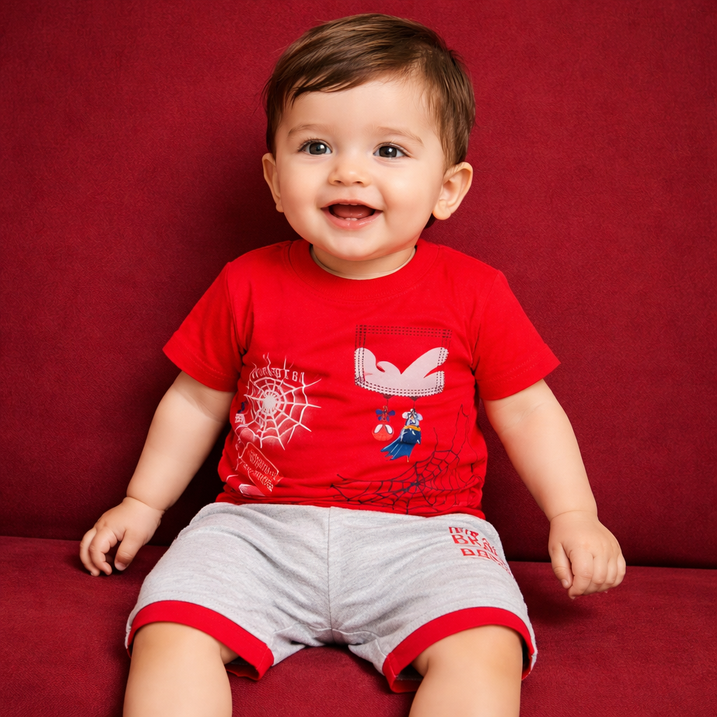 Stylish Red & Grey Boys Suit – Party Wear Outfit for Kids (PKR 1000)