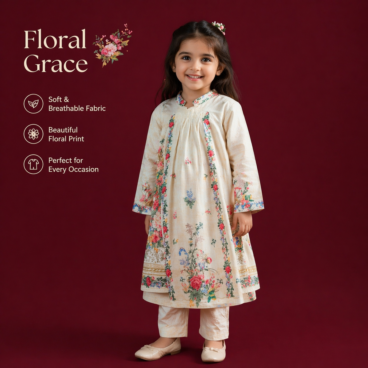 Floral Printed Girls Kurta Set – Soft & Breathable Kids Ethnic Wear