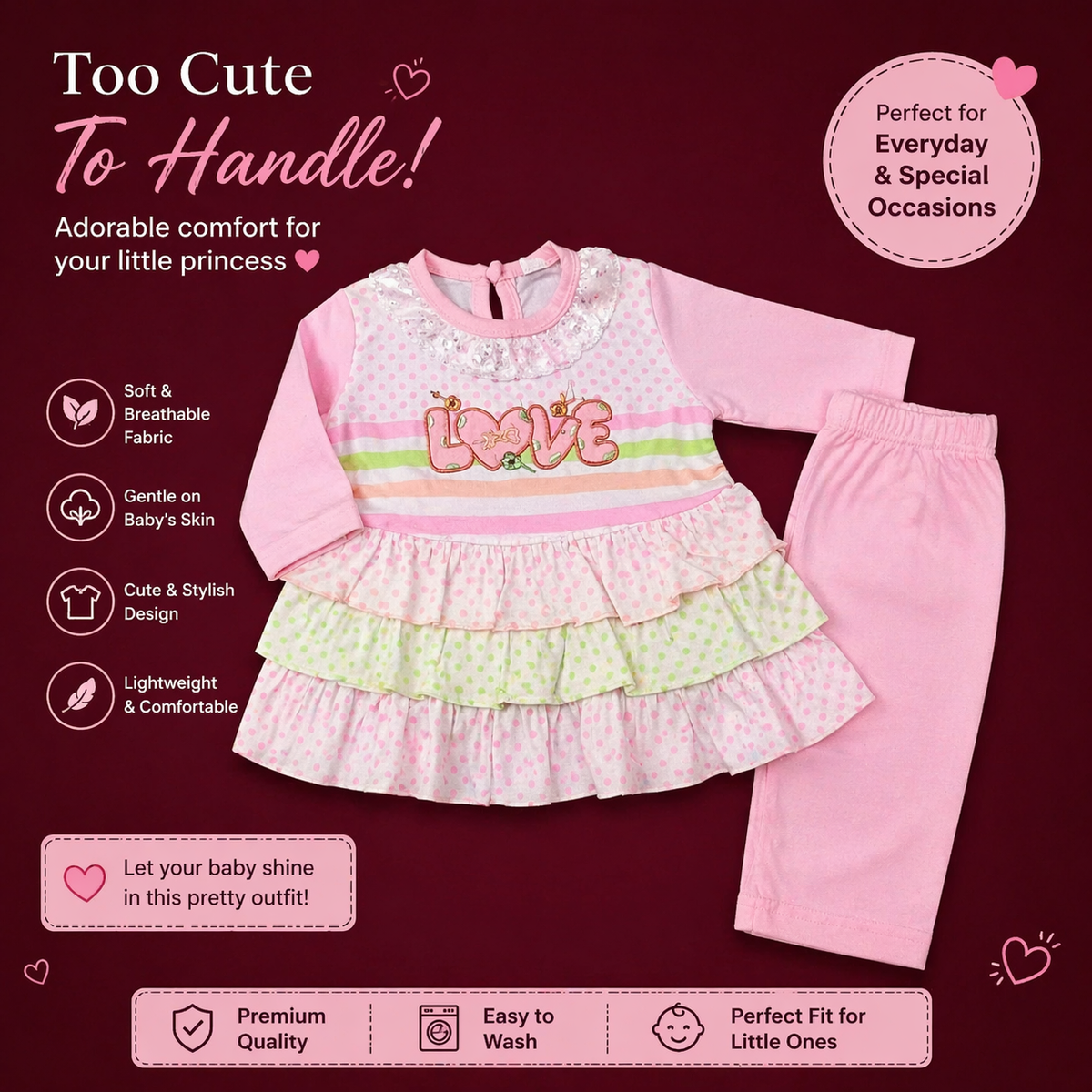Baby Girl Pink Frill Dress Set with Pants – Cute & Comfortable Kids Outfit