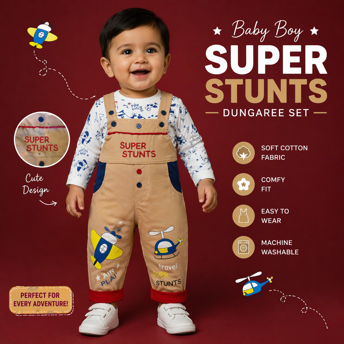 Baby Boy Super Stunts Dungaree Set – Cute Airplane Print Cotton Outfit