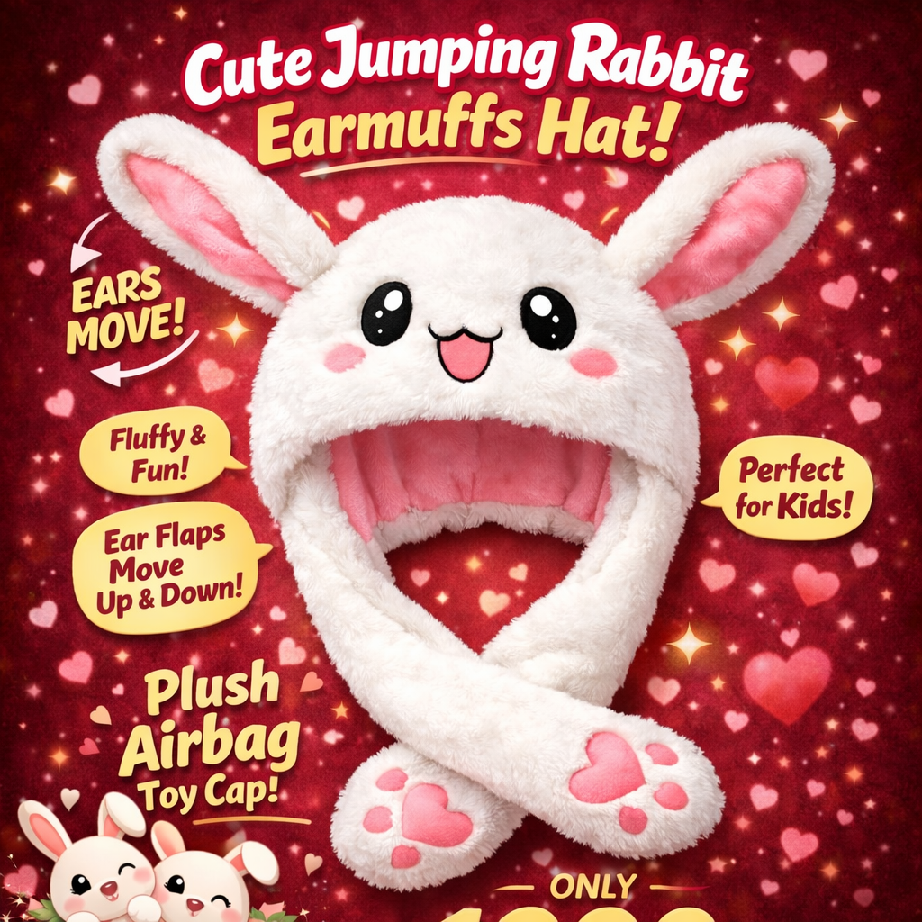 Cute Jumping Rabbit Earmuffs Hat – Plush Moving Ears Bunny Cap for Kids | Fun Winter Toy Hat