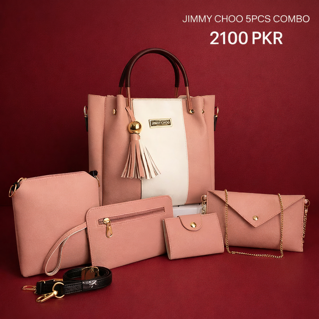 Jimmy Choo 5 Piece Bag Set for Women – Premium Handbag Combo (Tote, Sling, Wallet & Card Holder) | SnappyWear Pakistan