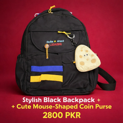 Stylish Black Backpack with Coin Purse – Casual Travel & School Bag with Blue & Yellow Stripes | 2300 PKR
