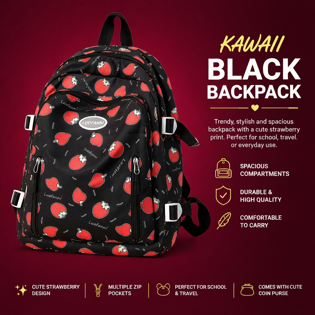 Kawaii Black Strawberry Backpack – Cute Stylish School & Travel Bag for Girls | 2800 PKR
