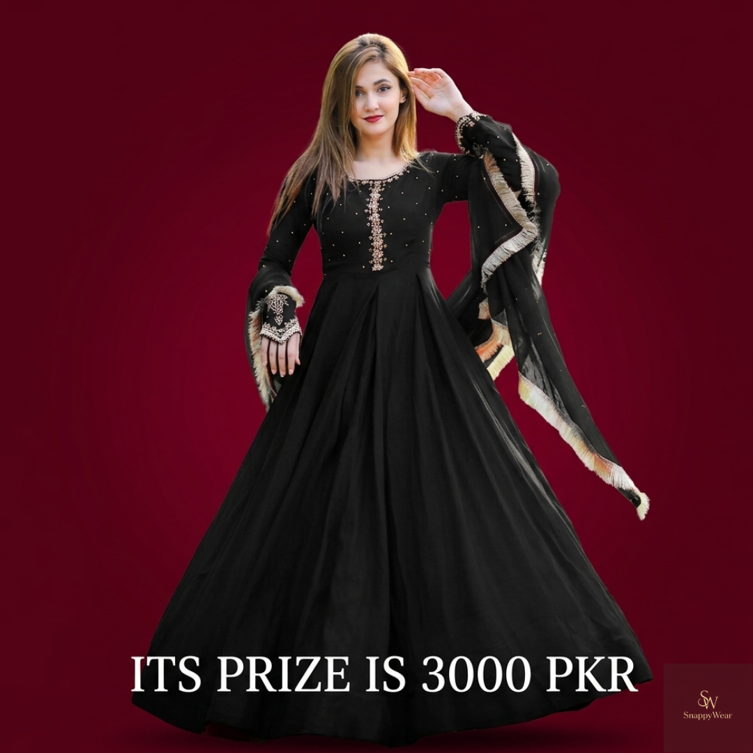 Kaya Work Embroidered Long Maxi Dress – 3PC Chiffon Suit with Lace Dupatta Rs.3000