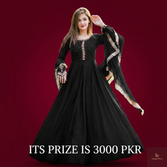 Kaya Work Embroidered Long Maxi Dress – 3PC Chiffon Suit with Lace Dupatta Rs.3000