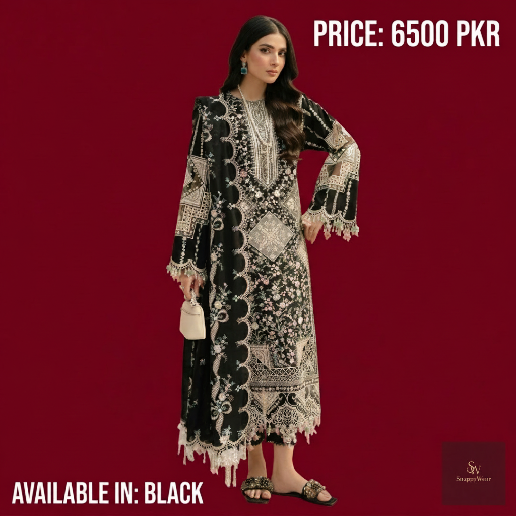 Bin Ilyas Lawn Collection Black Lover Suit – Heavy Embroidered 3PC Lawn Dress Rs.6500