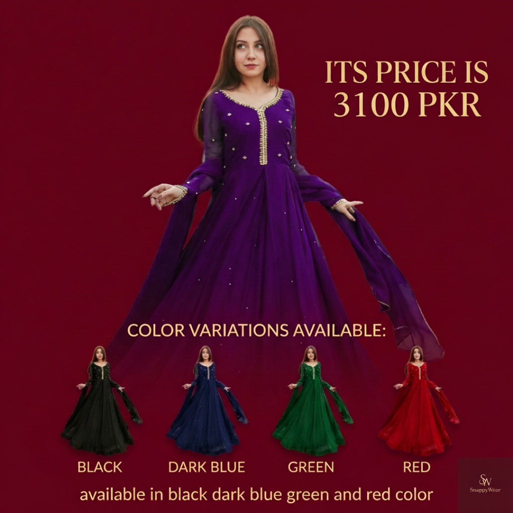 Kaya Work Embroidered Long Maxi Chiffon Dress – Lace Dupatta 3PC Suit Rs.3100
