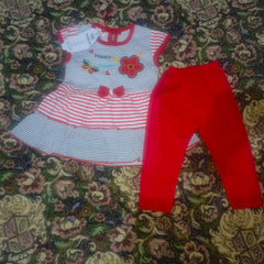Baby Girl Summer Outfit Set – Cute Striped Dress with Red Leggings (0–12 Months) | Soft Cotton Kids Clothing Pakistan