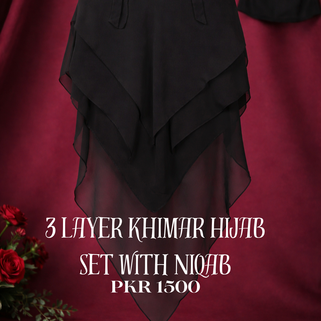 3 Layer Khimar Hijab Set with Niqab – Premium Imported Chiffon | Lightweight Modest Wear | Full Coverage Black Abaya Style
