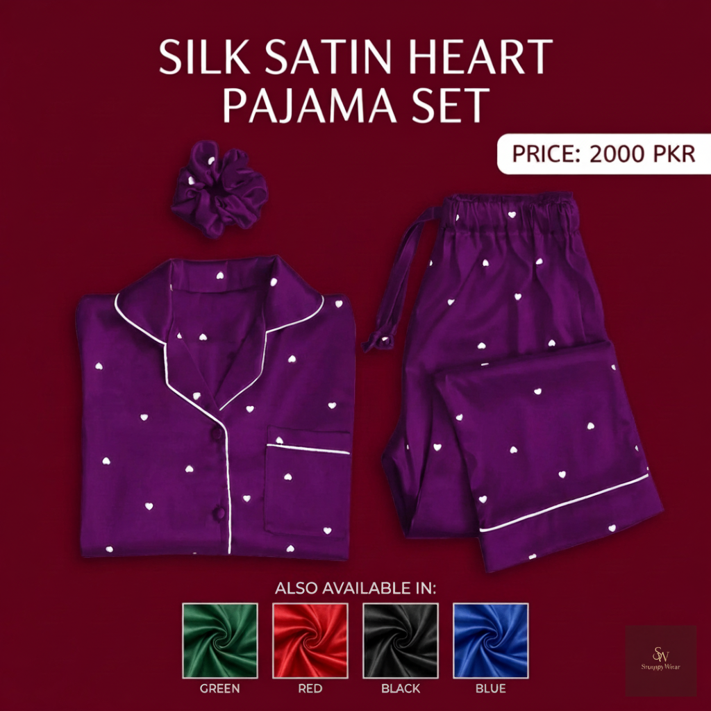 Heart Print Silk Night Suit 3PC Set with Scrunchie – Ladies Premium Sleepwear Rs.2000