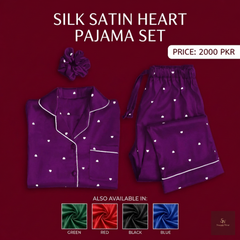 Heart Print Silk Night Suit 3PC Set with Scrunchie – Ladies Premium Sleepwear Rs.2000