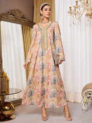 Al Najma Vintage Turkish Maxi Dress – Elegant V-Neck Arabic Kaftan | SnappyWear