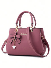 2PCS Women Handbag & Wallet Set – Elegant PU Leather Shoulder Bag with Bow Pendant & Zipper Closure | Stylish Ladies Purse Gift for Mother's Day & Valentine's Day