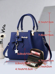 2PCS Women Handbag & Wallet Set – Elegant PU Leather Shoulder Bag with Bow Pendant & Zipper Closure | Stylish Ladies Purse Gift for Mother's Day & Valentine's Day